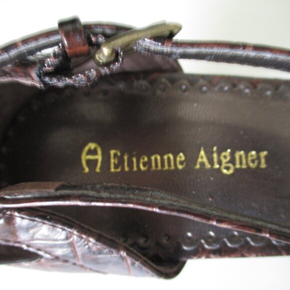 Etienne Aigner "Peep" Womens Brown Faux Croco Leather Ankle-strap Wedge NWOB- 8M - Picture 6 of 10